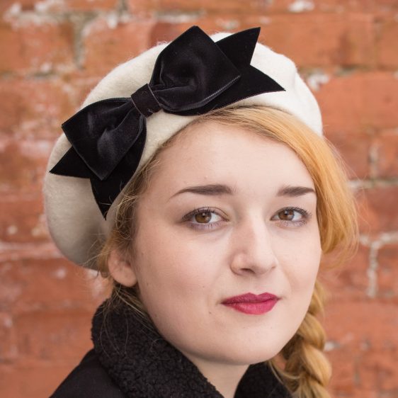 Ivory Beret Black Velvet Ribbon Bow angle