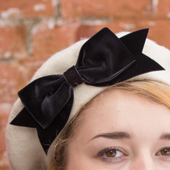 Ivory Beret Black Velvet Ribbon Bow detail