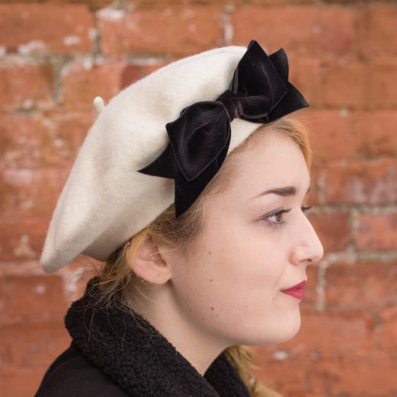 Ivory Beret Black Velvet Ribbon Bow side