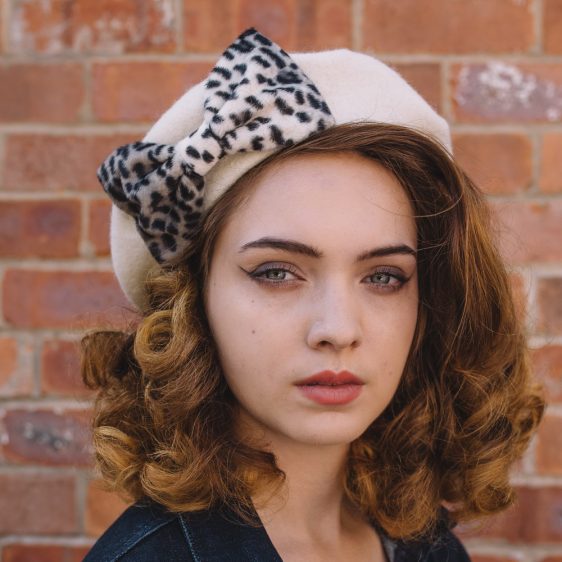 Ivory Beret Grey Leopard Fake Fur Bow angle