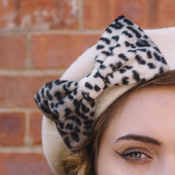 Ivory Beret Grey Leopard Fake Fur Bow detail