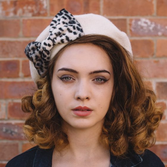 Ivory Beret Grey Leopard Fake Fur Bow