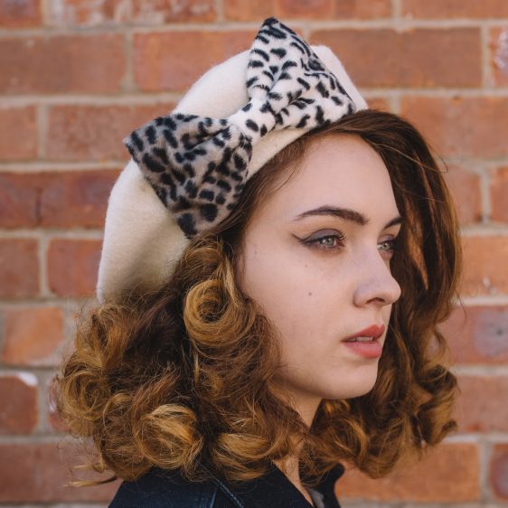 Ivory Beret Grey Leopard Fake Fur Bow side