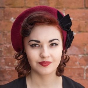 Wine Red Beret Black Velvet Ribbon Bow front