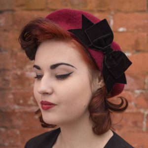 Wine Red Beret Black Velvet Ribbon Bow