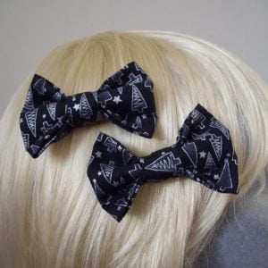 Black Silver Christmas Tree Bow Hair Clip detail