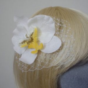 White Yellow Orchid Flower Hair Comb detail