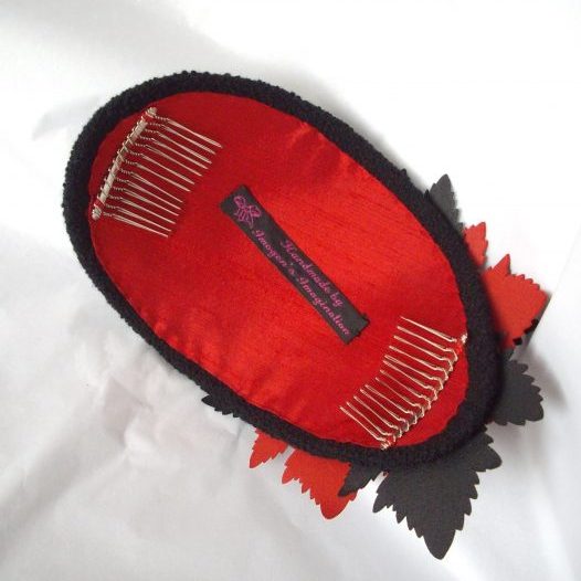 Black and Red Wool Half Hat with Leather Leaves