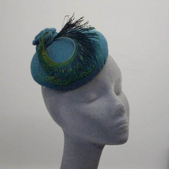 Bespoke Small Hat by Imogen's Imagination, Turquoise Wool and Peacock Feather Button Hat