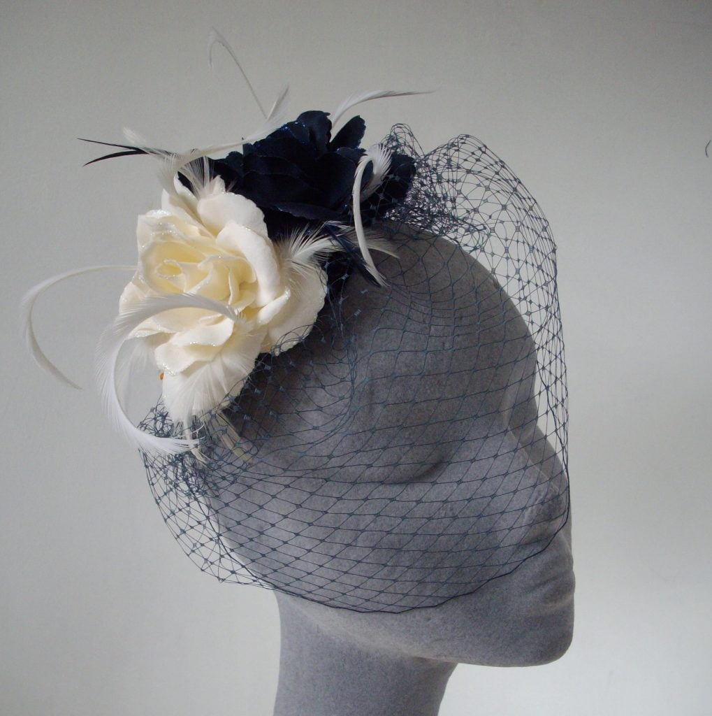 Bespoke Fascinator by Imogen's Imagination, Navy and Ivory Rose Fascinator with Birdcage Veil