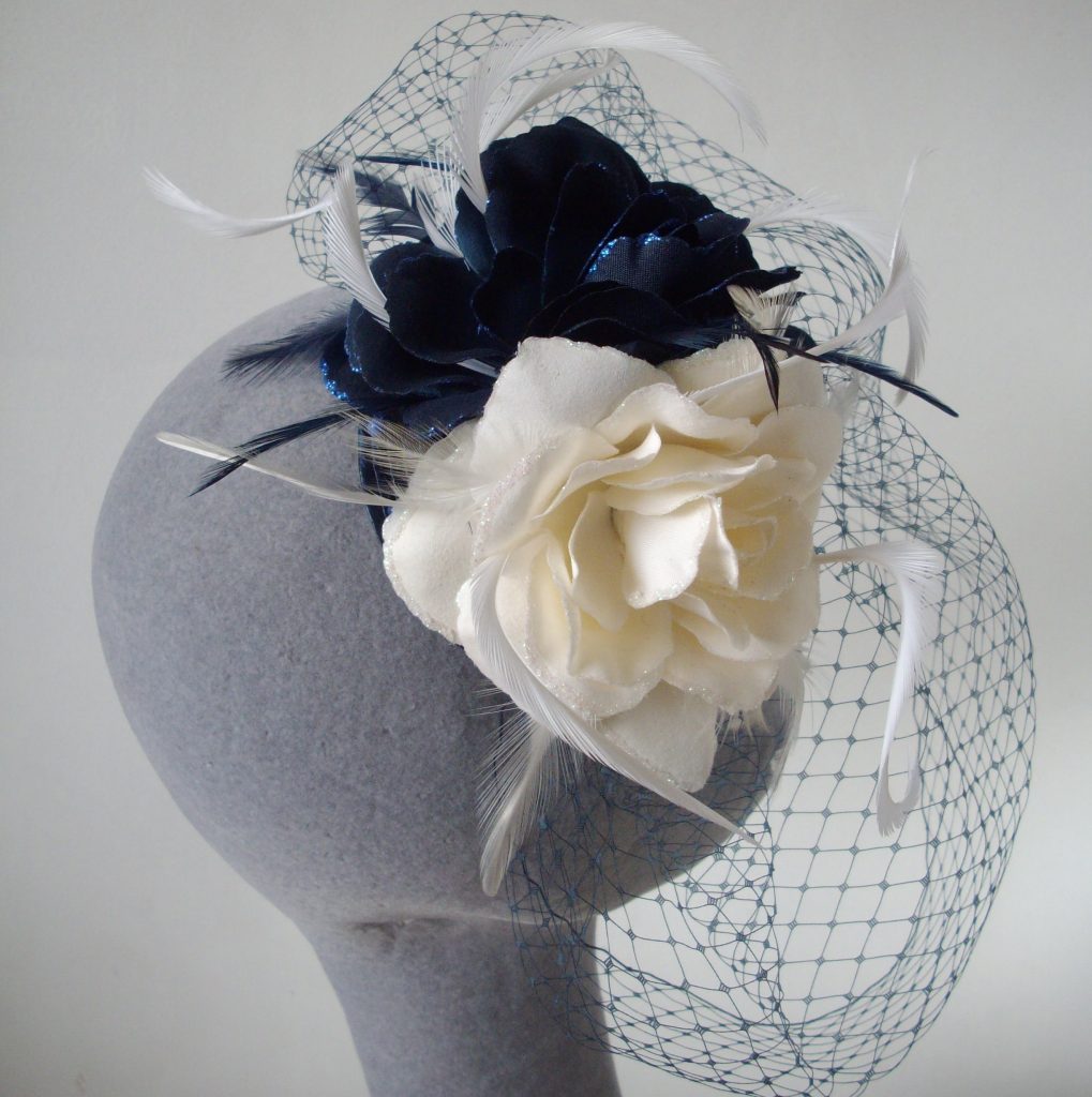 Navy and Ivory Rose Fascinator with Birdcage Veil