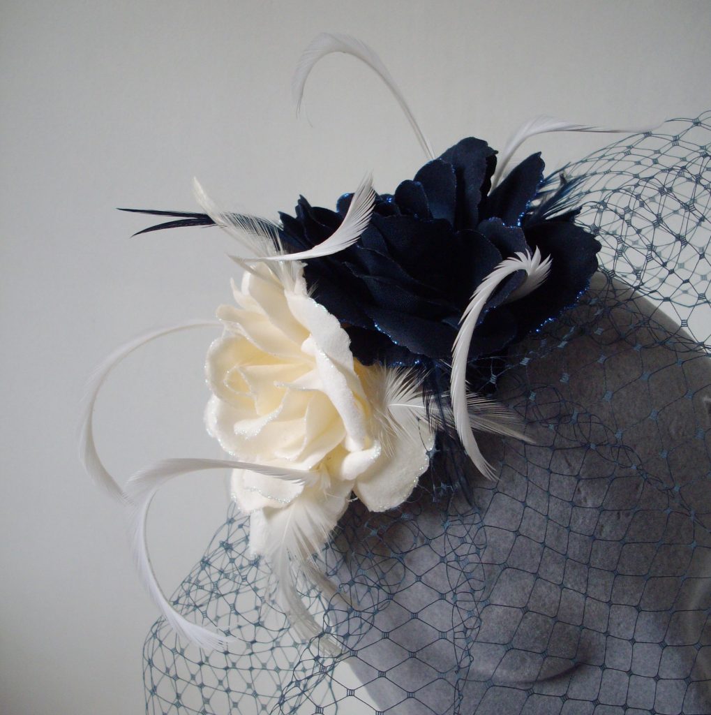 Navy and Ivory Rose Fascinator with Birdcage Veil, Bespoke Fascinator by Imogen's Imagination