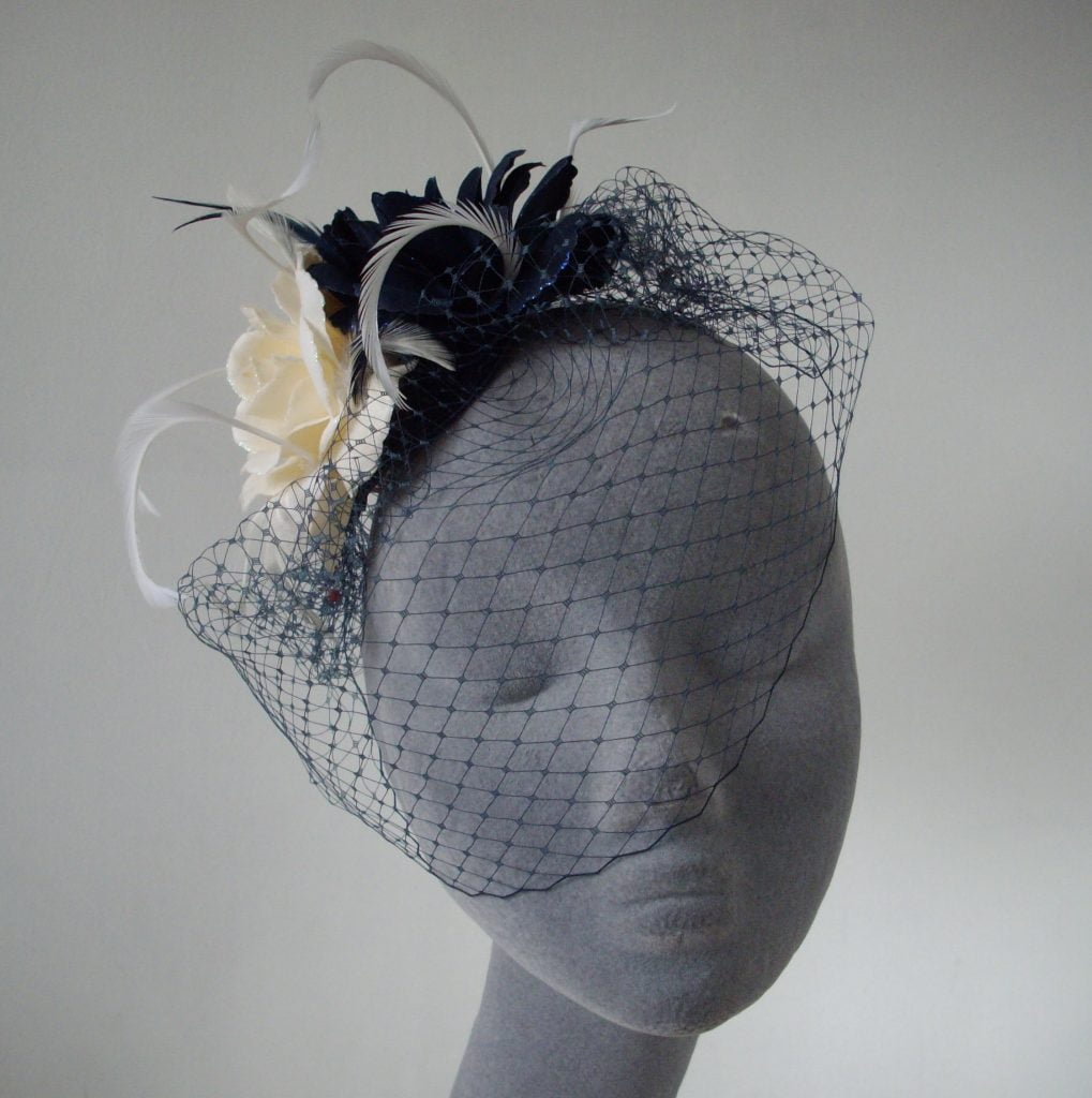 Navy and Ivory Rose Fascinator with Birdcage Veil