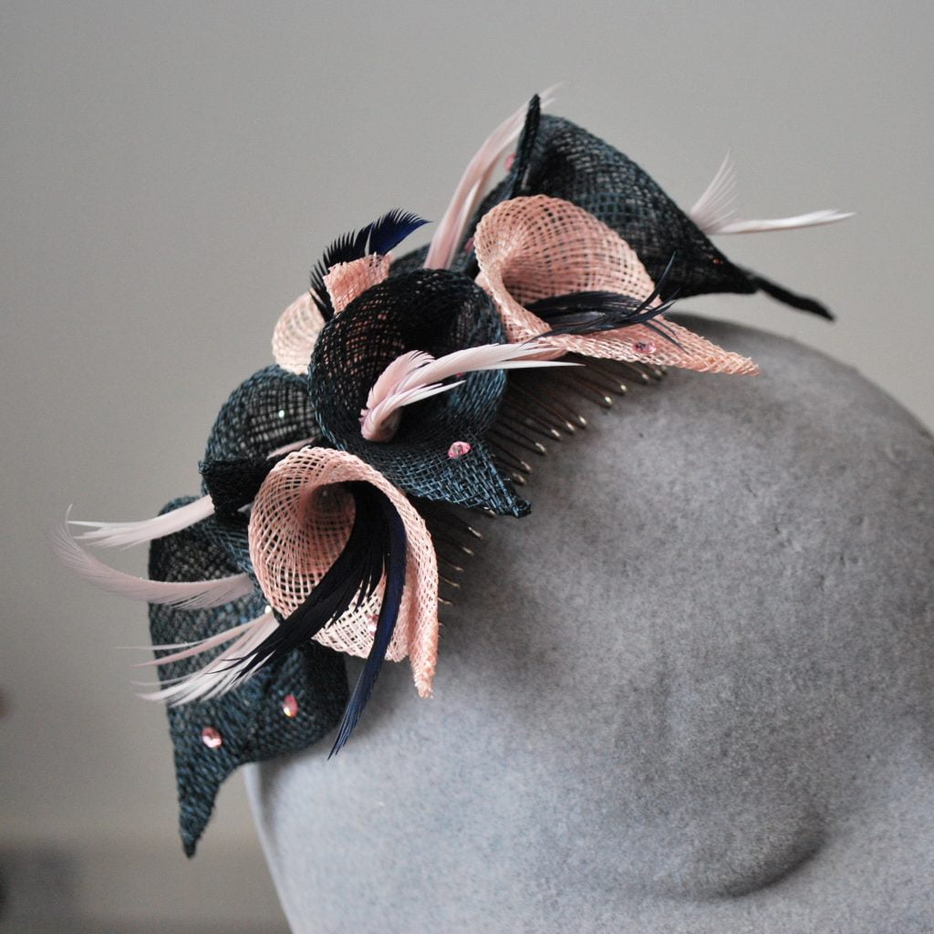 Bespoke Fascinator by Imogen's Imagination, Navy and Pink Sinamay Lily Fascinator
