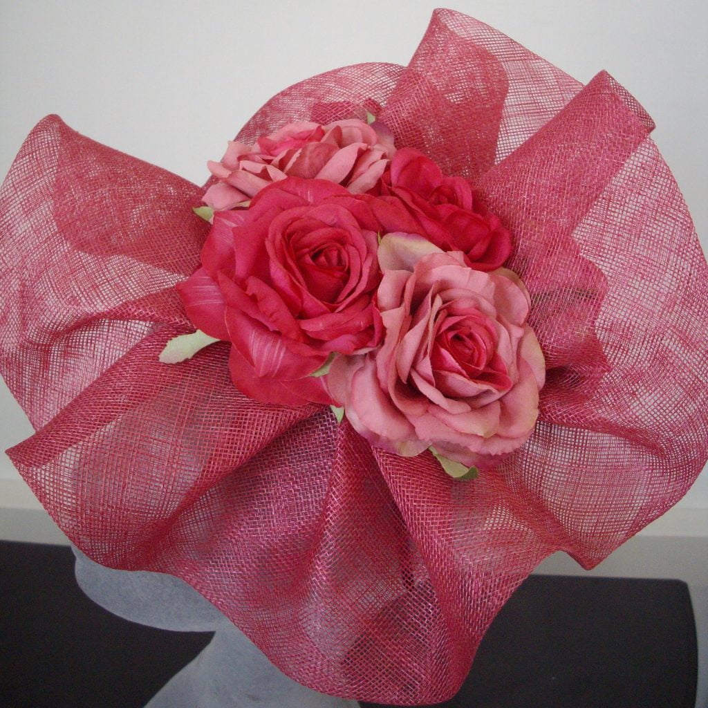 Pink Sinamay Wave and Rose Fascinator