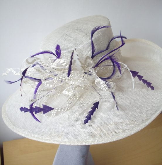 Retrimmed Hats by Imogen's Imagination Ivory Wedding hat with Purple Feathers