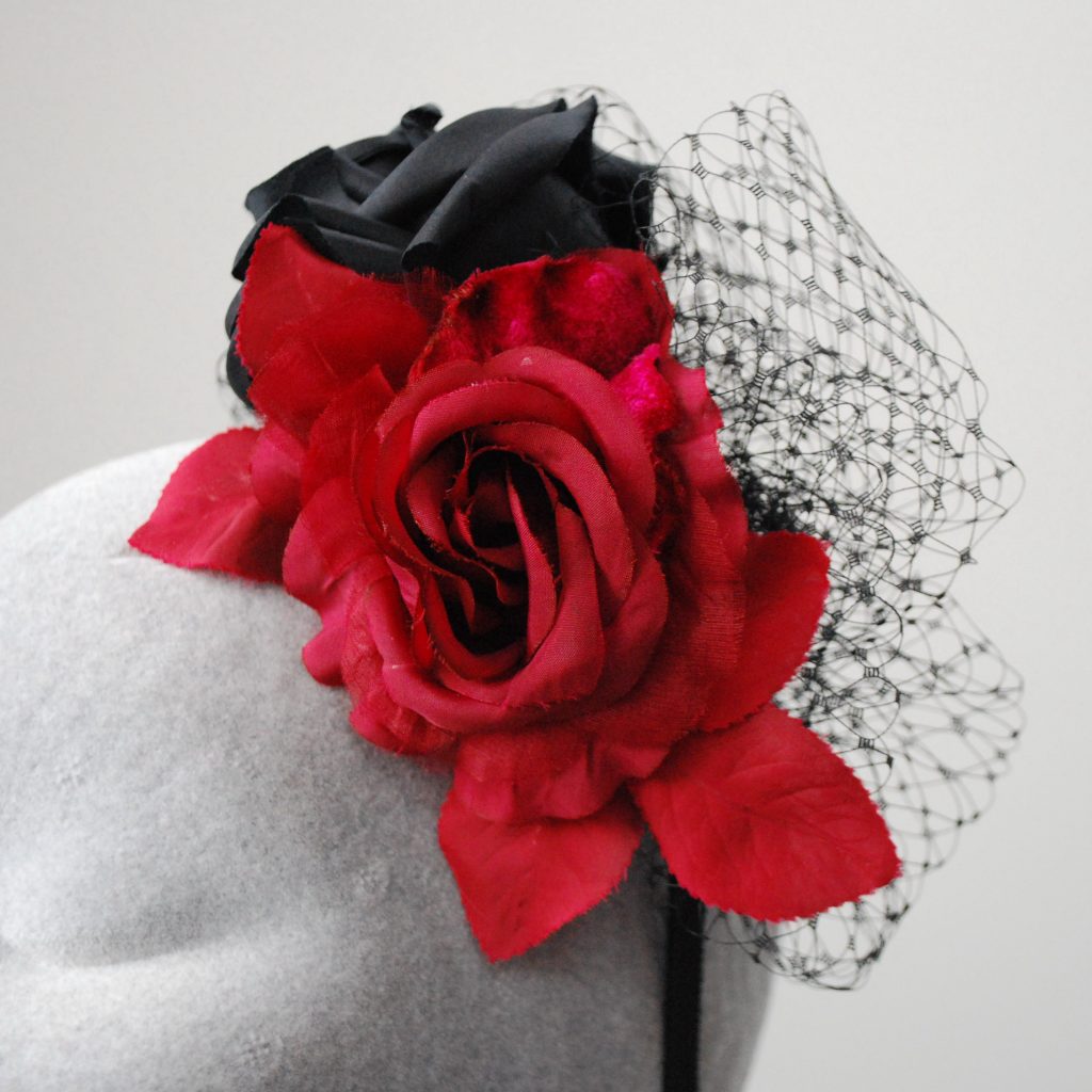 Bespoke Fascinator by Imogen's Imagination, Black and Red Rose Fascinator