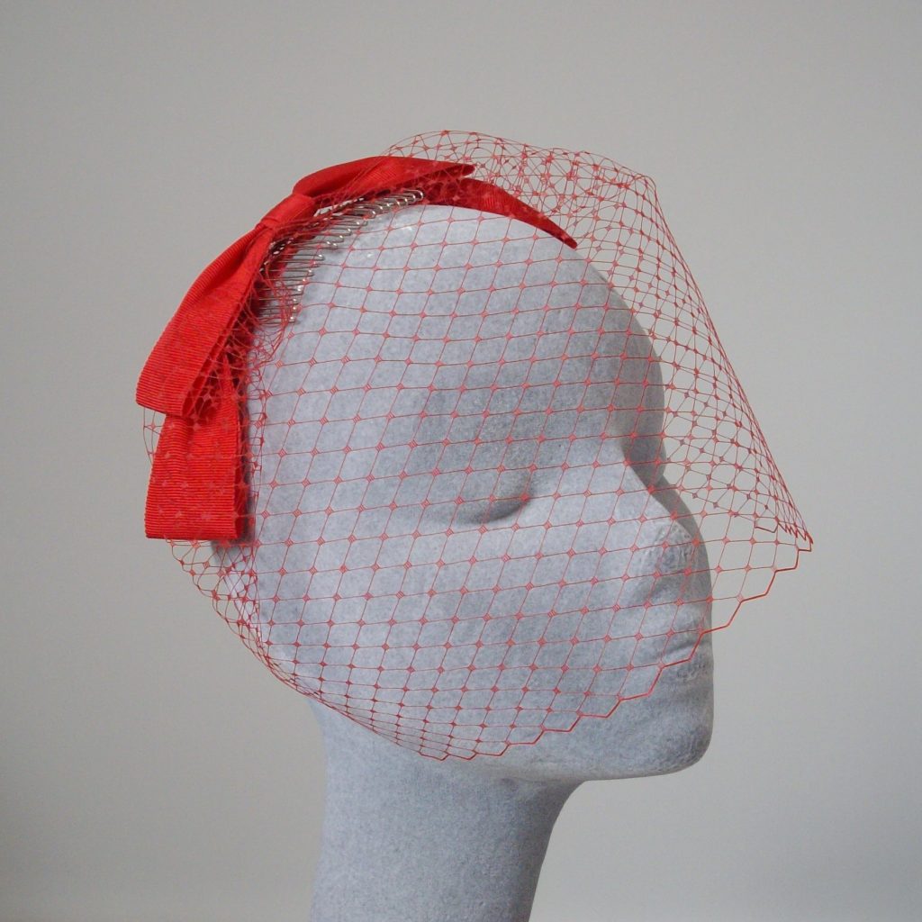 Bespoke Fascinator by Imogen's Imagination, Red Ribbon Bow Fascinator with Birdcage Veil
