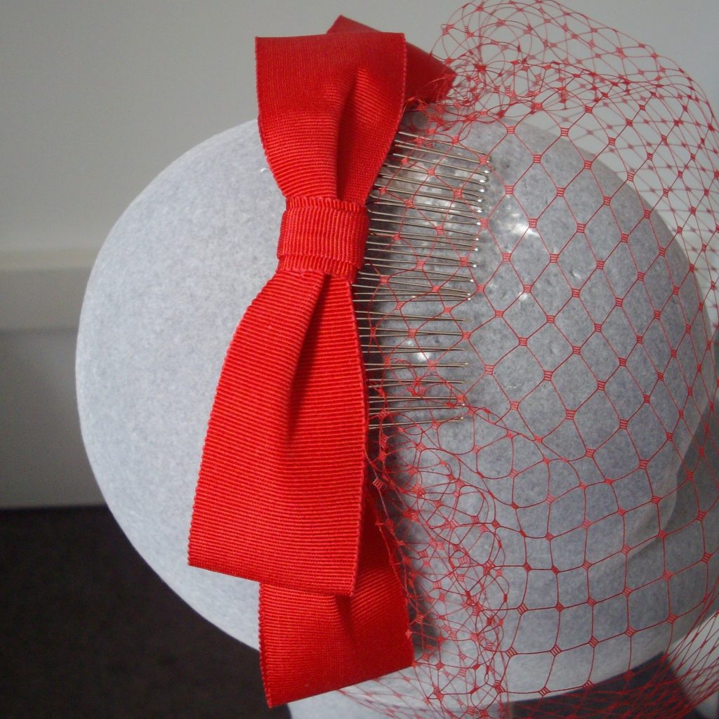Red Ribbon Bow Fascinator with Birdcage Veil, Bespoke Fascinator by Imogen's Imagination
