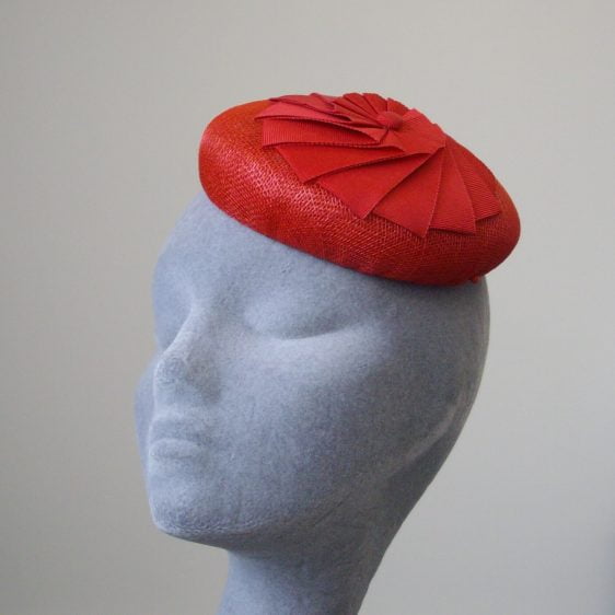 Red Sinamay Button with Ribbon Rosette, Bespoke Small Hat by Imogen's Imagination