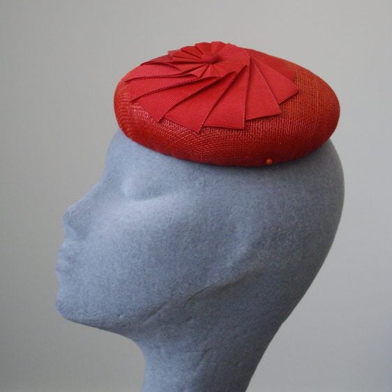 Red Sinamay Button with Ribbon Rosette