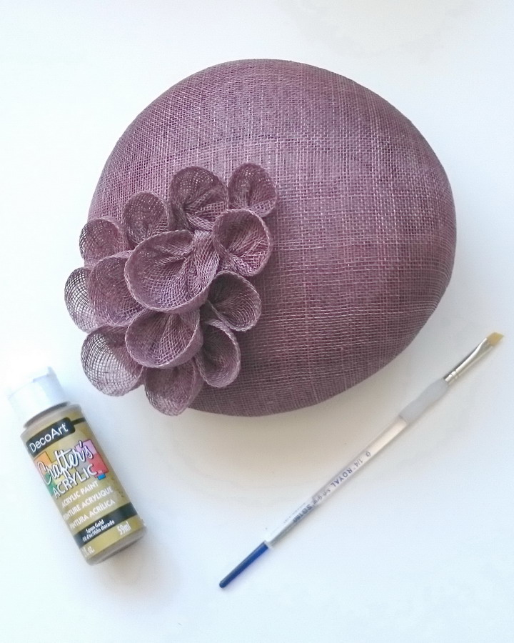 Taupe Sinamay Sloped Beret with paint and paint brush