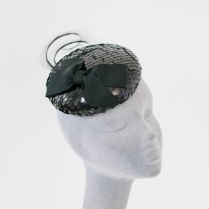 Black Sequin Button Hat with Ribbon Bow and Feathers angle