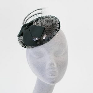 Black Sequin Button Hat with Ribbon Bow and Feathers front