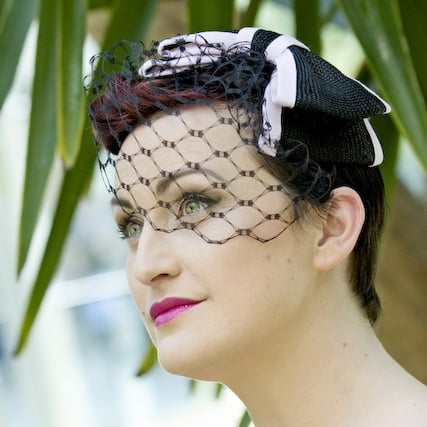 Black Straw Bow with Birdcage Veil