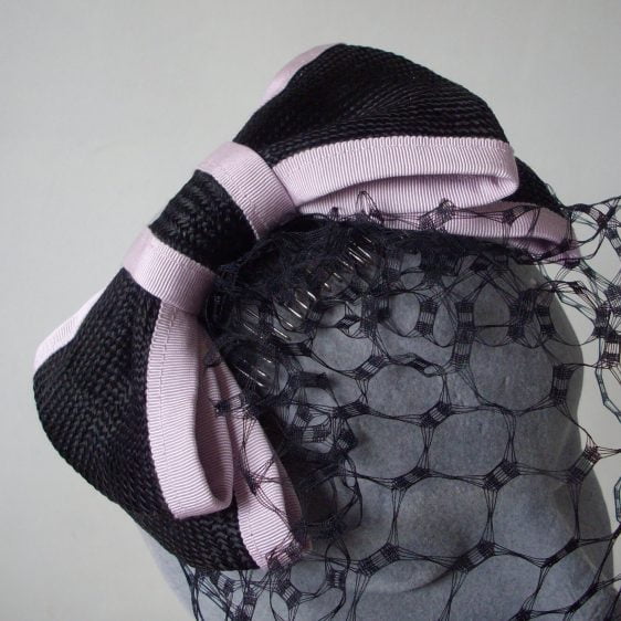 Black Straw Bow with Birdcage Veil