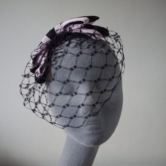 Black Straw Bow with Birdcage Veil