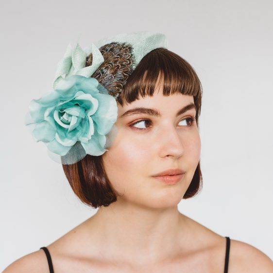 Green Sinamay Half Hat with Feathers and Rose Flower