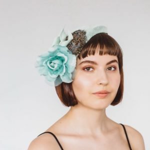 Green Sinamay Half Hat with Feathers and Rose Flower