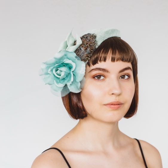 Green Sinamay Half Hat with Feathers and Rose Flower