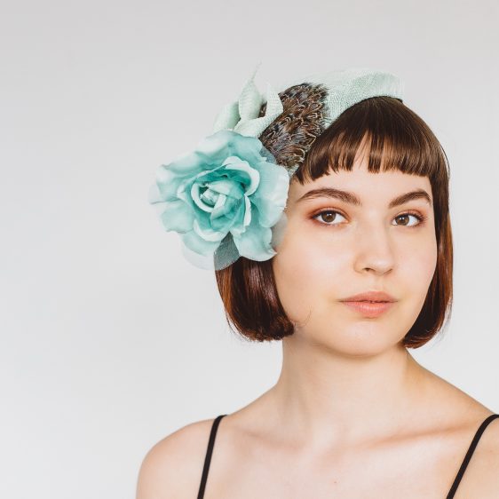 Green Sinamay Half Hat with Feathers and Rose Flower