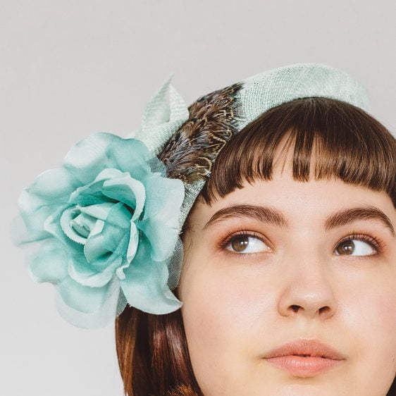 Green Sinamay Half Hat with Feathers and Rose Flower
