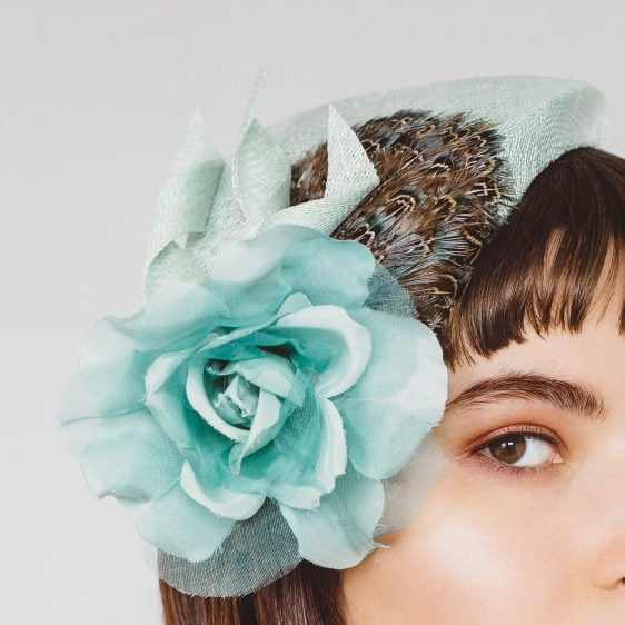 Green Sinamay Half Hat with Feathers and Rose Flower