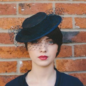 Navy Straw Boater with Ribbon Bow and Veil