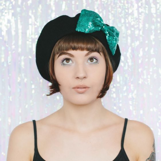 Black Beret Emerald Sequin Bow front