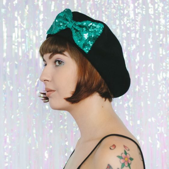 Black Beret Emerald Sequin Bow side