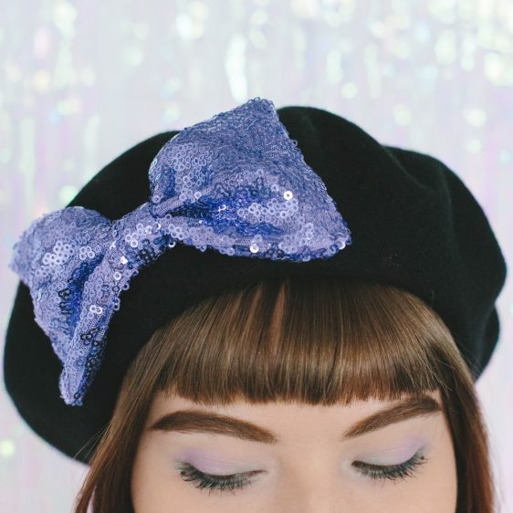 Black Beret Lilac Sequin Bow detail
