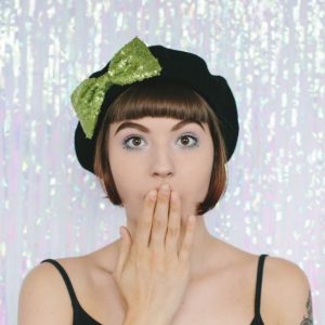 Black Beret Lime Sequin Bow front