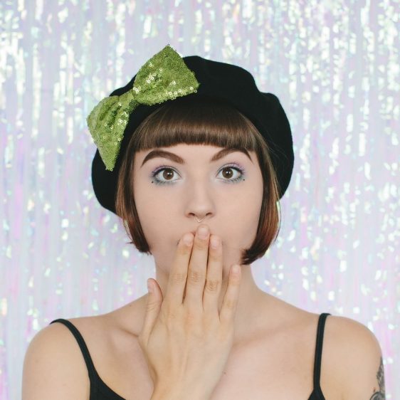 Black Beret Lime Sequin Bow front