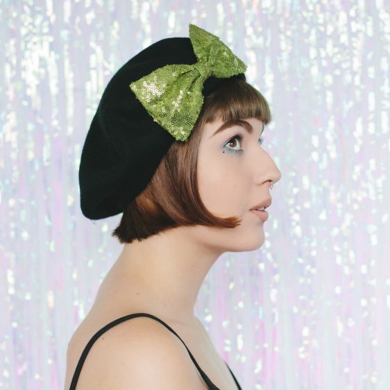 Black Beret Lime Sequin Bow side