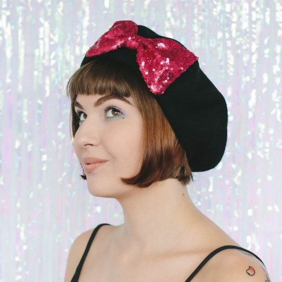 Black Beret Pink Sequin Bow angle