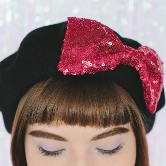 Black Beret Pink Sequin Bow detail