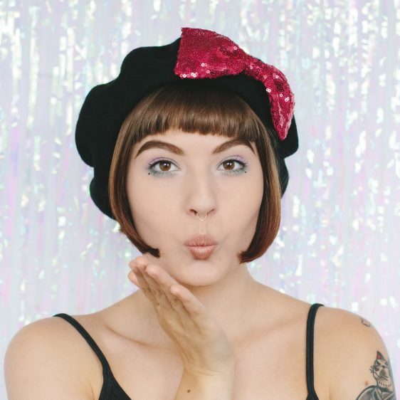 Black Beret Pink Sequin Bow front