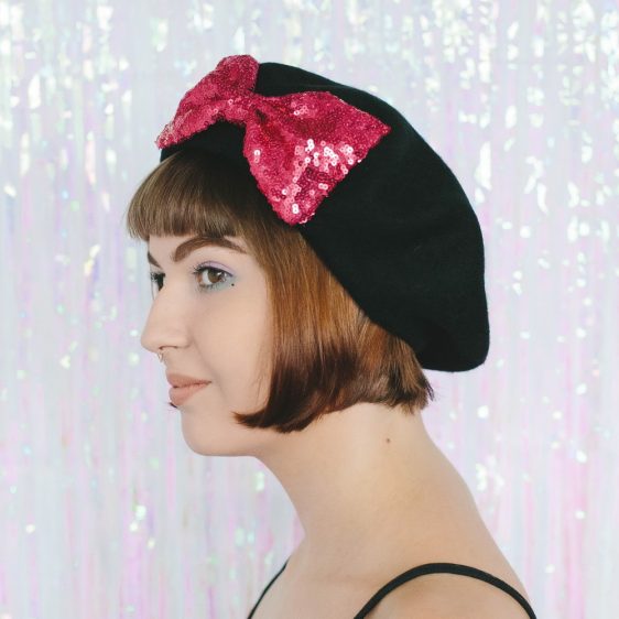 Black Beret Pink Sequin Bow side