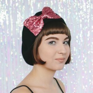 Black Beret Rose Pink Sequin Bow angle