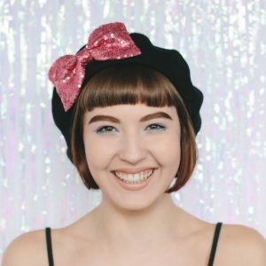 Black Beret Rose Pink Sequin Bow front